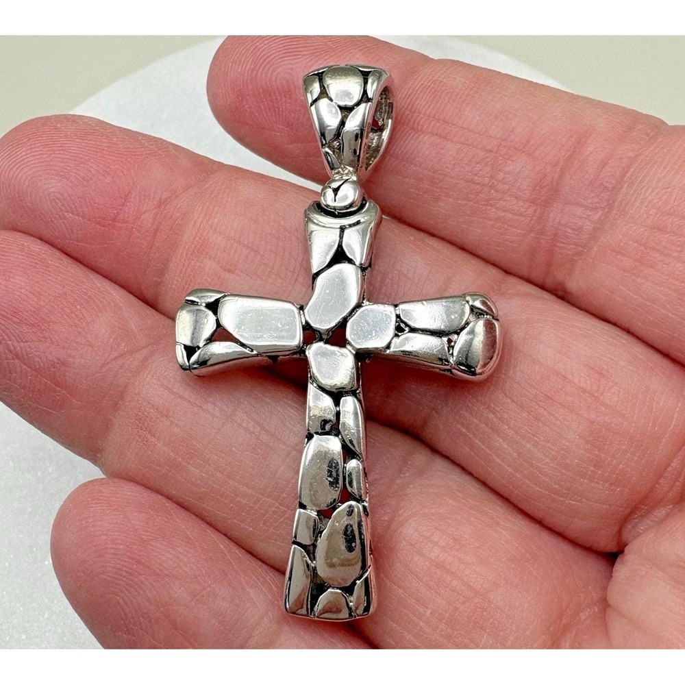 Vintage Sterling Silver Cross Pendant Chunky Puffy Pebble Cobblestone